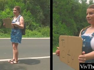 Inviting lesbian picks up sexy hitch hiker and fucks her adult movie vids