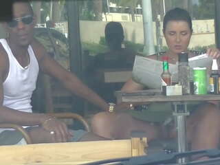 Cheating Wife &num;4 part III - Hubby movs me outside a cafe Upskirt Flashing and having an Interracial affair with a Black Man&excl;&excl;&excl;