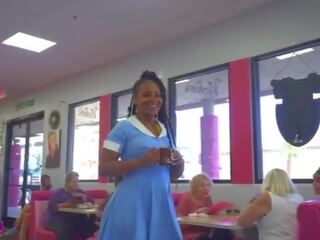Slutty waitress gives a sloppy blowjob to her new customer