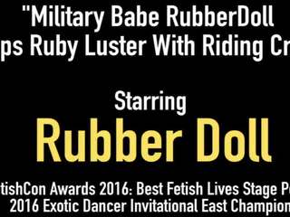 Military babe RubberDoll Slaps Ruby Luster With Riding Crop!