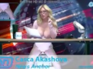 Perfected Big Tits beauty rides the sybian while reading news stories