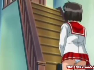 Perky anime coed rubs her hard nipples and gets fucked