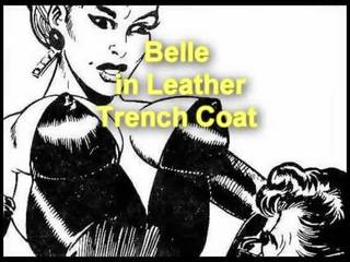 Lustful beauty talks dirty and masturbates on leather trench coat