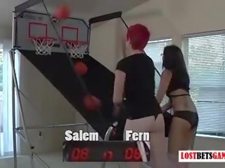 Two cute girls Salem and Fern play strip basketball shootout